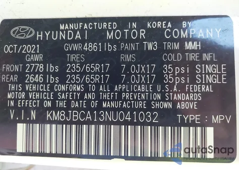 2022 Hyundai Tucson Hybrid Blue z USA, uszkodzony, nr VIN KM8JBCA13NU041032